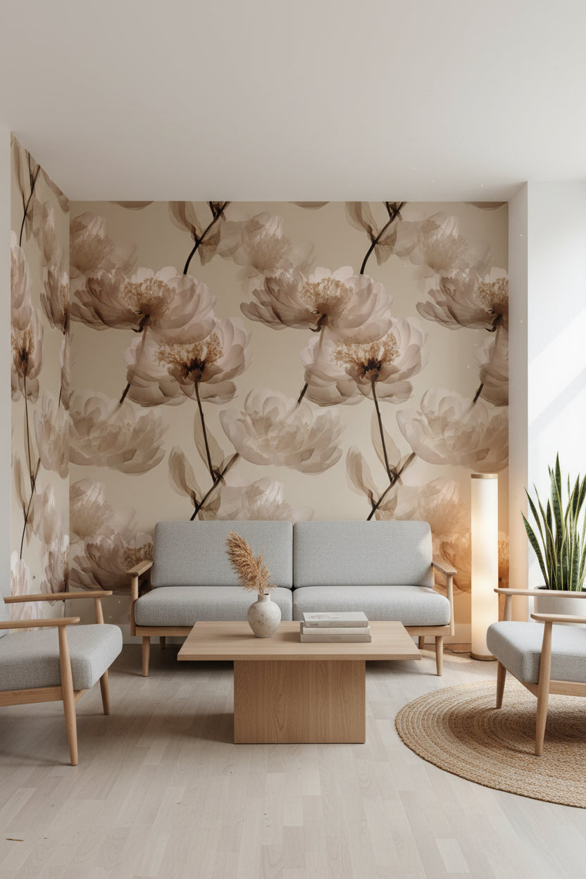 Beige Oversized Peony Floral Wallpaper