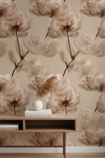 Beige Oversized Peony Floral Wallpaper