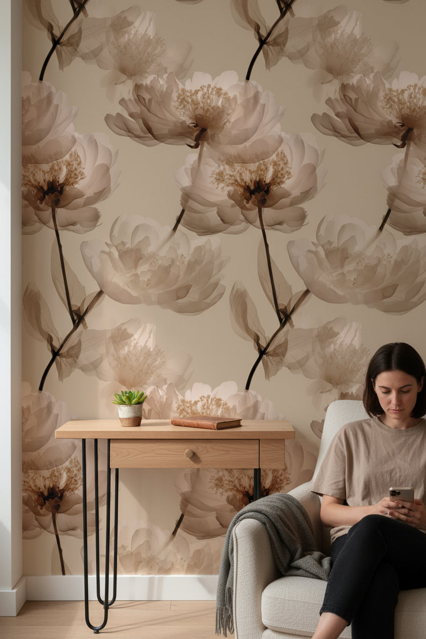 Beige Oversized Peony Floral Wallpaper