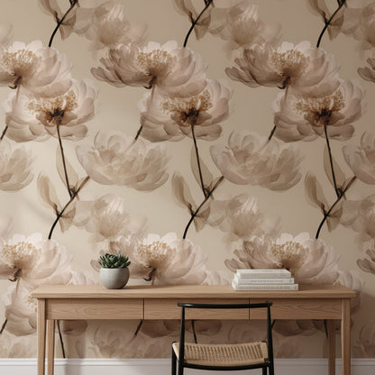 Beige Oversized Peony Floral Wallpaper