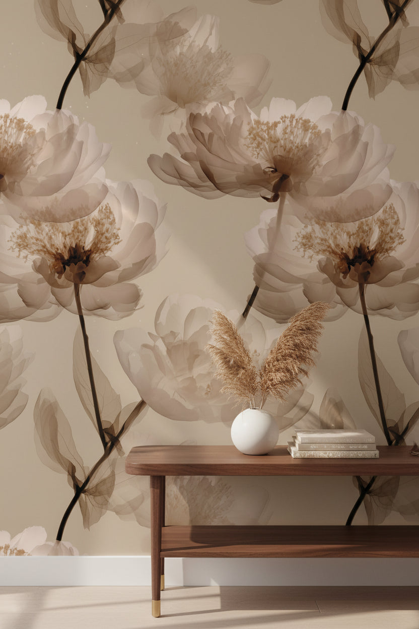 Floral Wallpaper Beige Minimalist Mural Modern Wall Decor