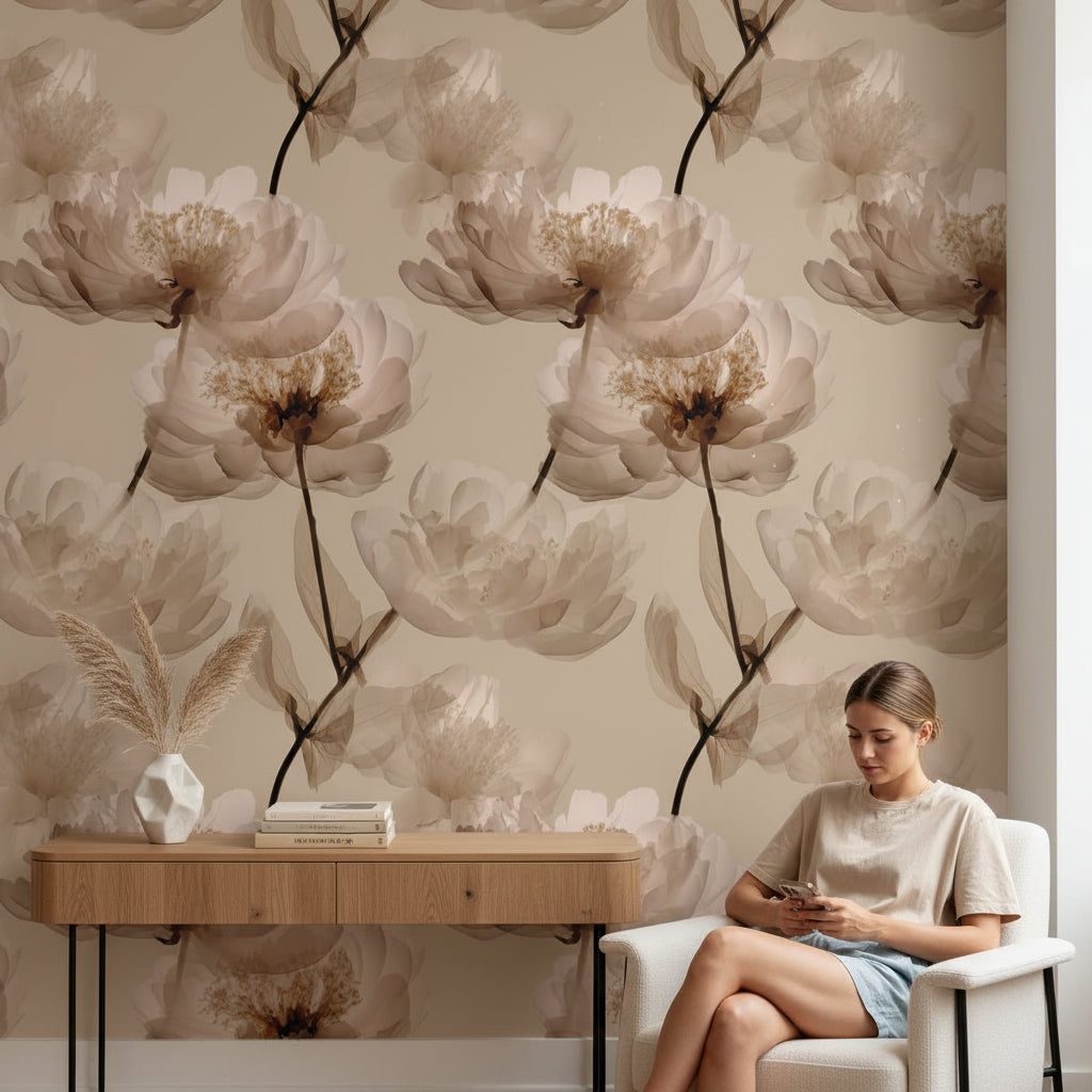 Floral Wallpaper Beige Minimalist Mural Modern Wall Decor