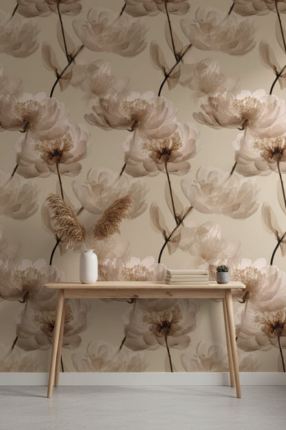 Beige Oversized Peony Floral Wallpaper