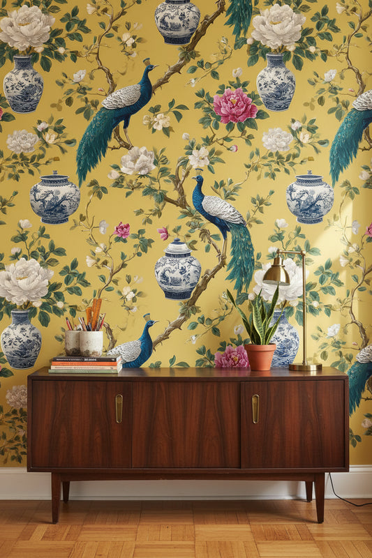 Peacock Wallpaper Floral Porcelain Wall Mural