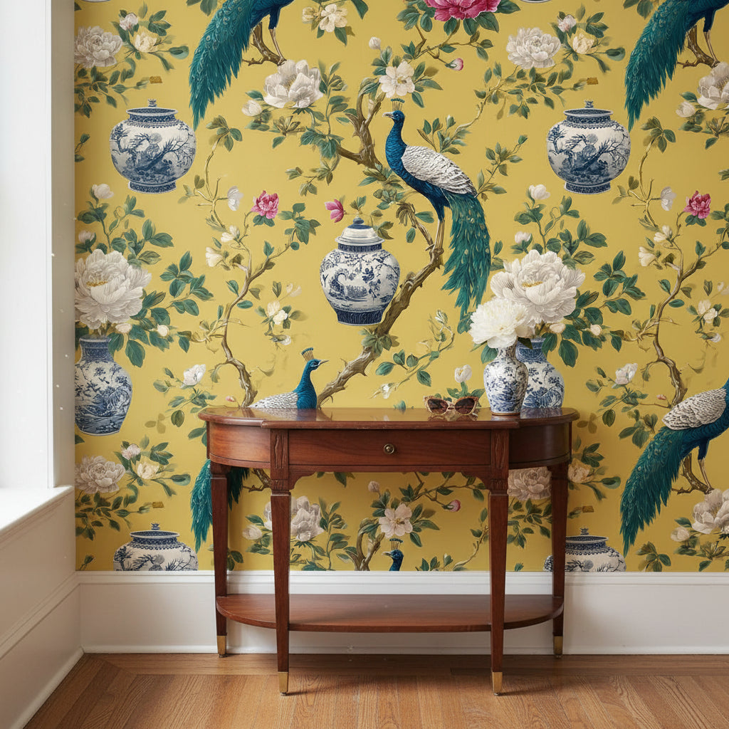 Peacock Wallpaper Floral Porcelain Wall Mural