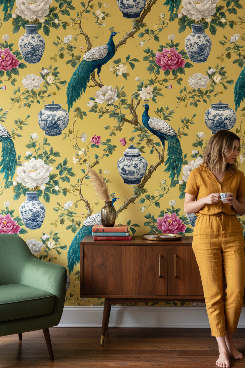 Peacock Wallpaper Floral Porcelain Wall Mural