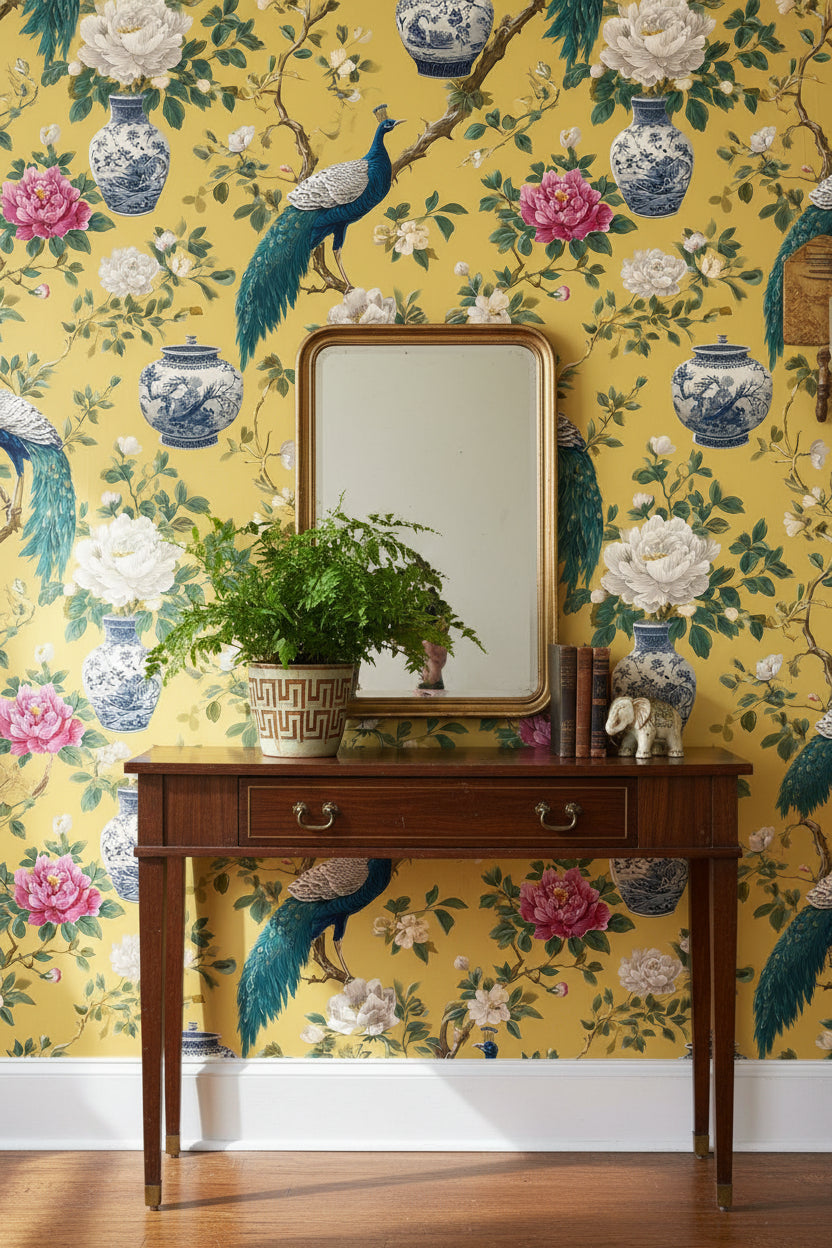 Peacock Wallpaper Floral Porcelain Wall Mural
