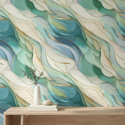 Cream and Aqua Abstract Flow Wallpaper