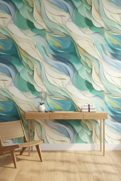 Cream and Aqua Abstract Flow Wallpaper