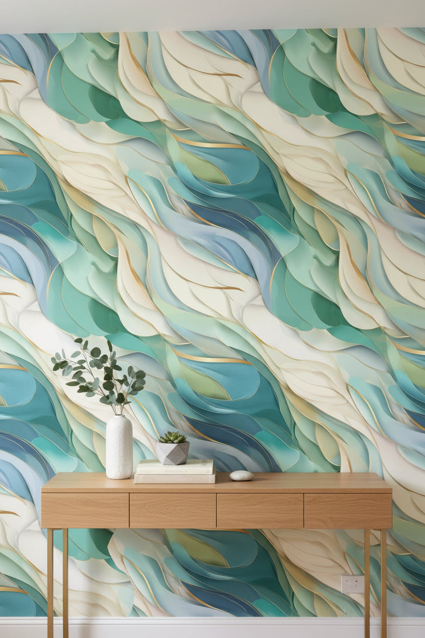 Cream and Aqua Abstract Flow Wallpaper