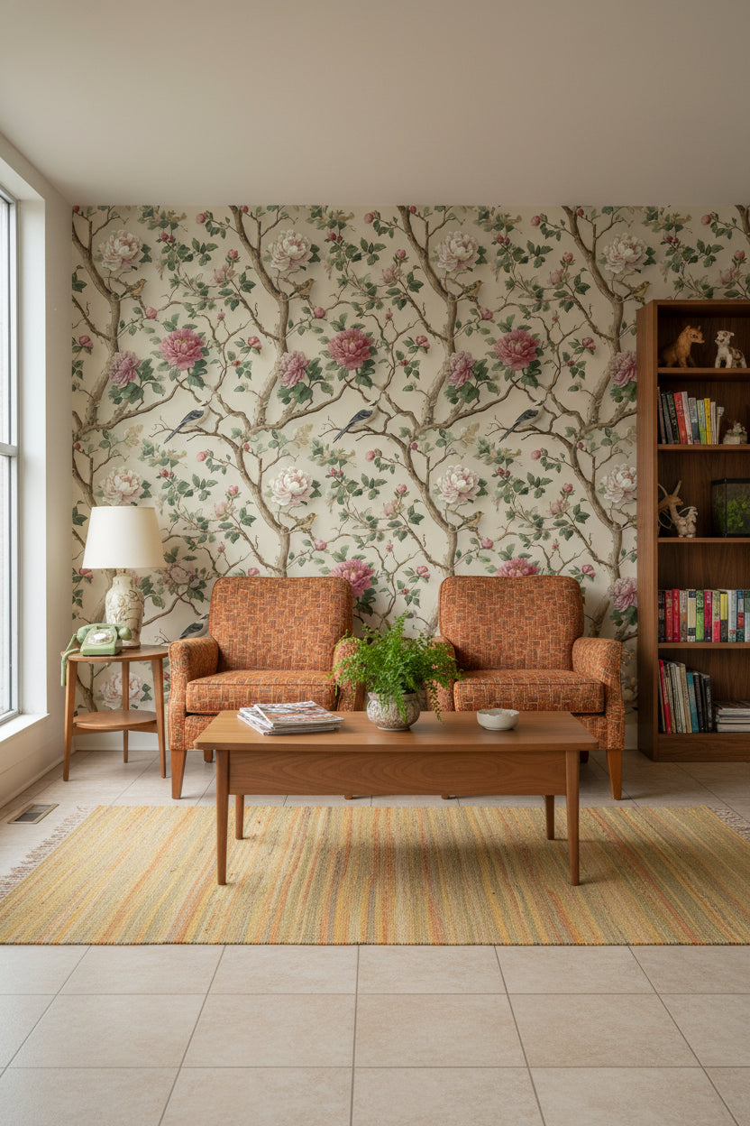 Cream Vintage Peony and Bird Wallpaper