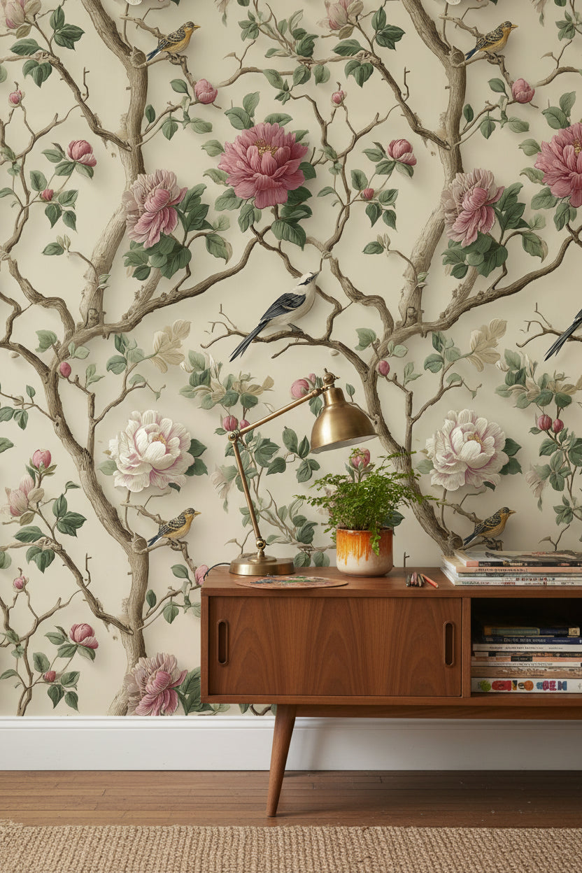 Cream Vintage Peony and Bird Wallpaper