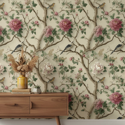 Cream Vintage Peony and Bird Wallpaper