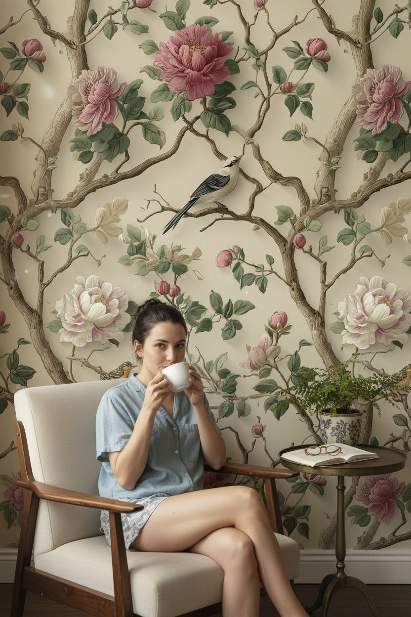 Cream Vintage Peony and Bird Wallpaper