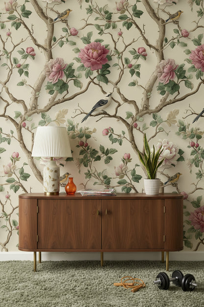 Cream Vintage Peony and Bird Wallpaper