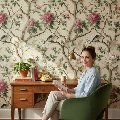 Cream Vintage Peony and Bird Wallpaper