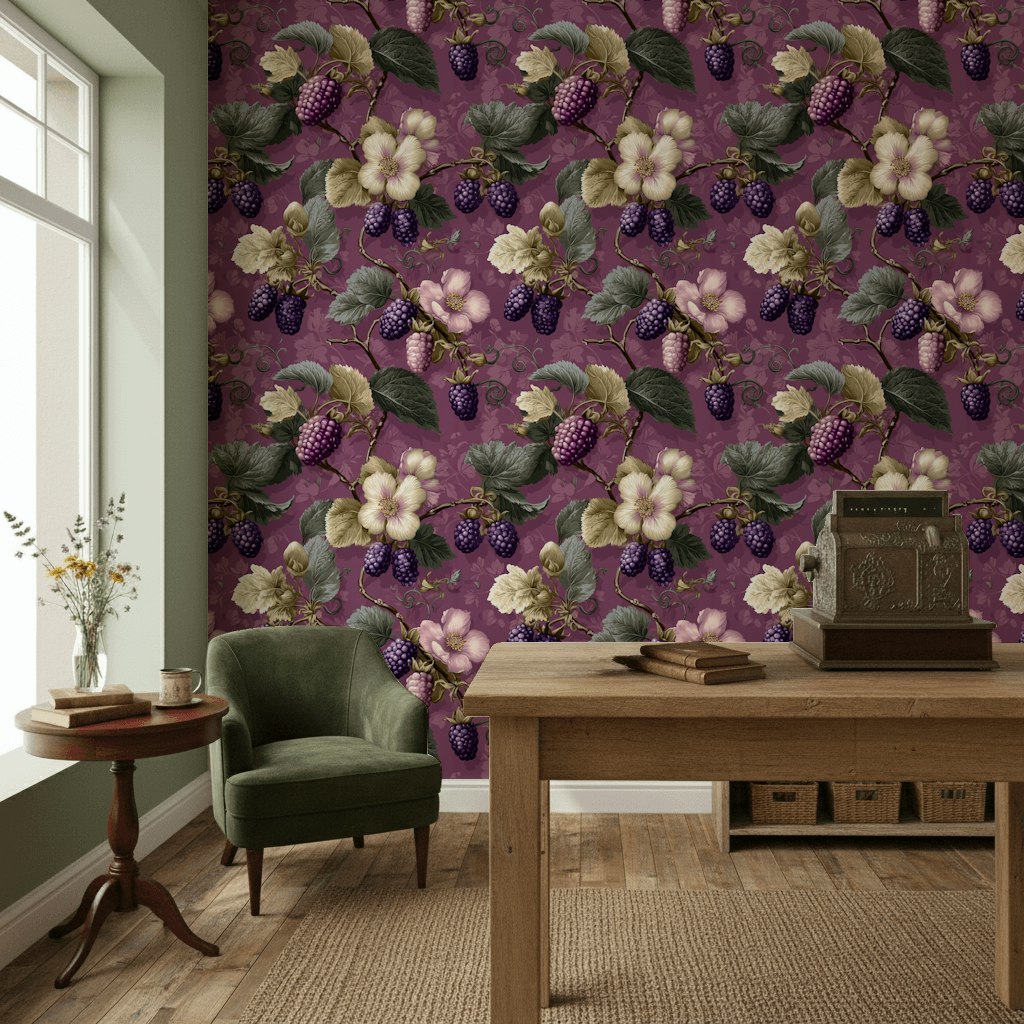 Deep Plum Vintage Floral and Foliage Wallpaper