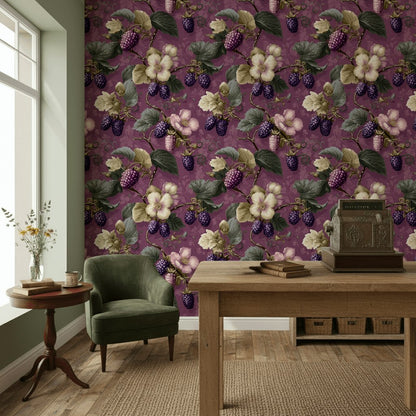 Deep Plum Vintage Floral and Foliage Wallpaper