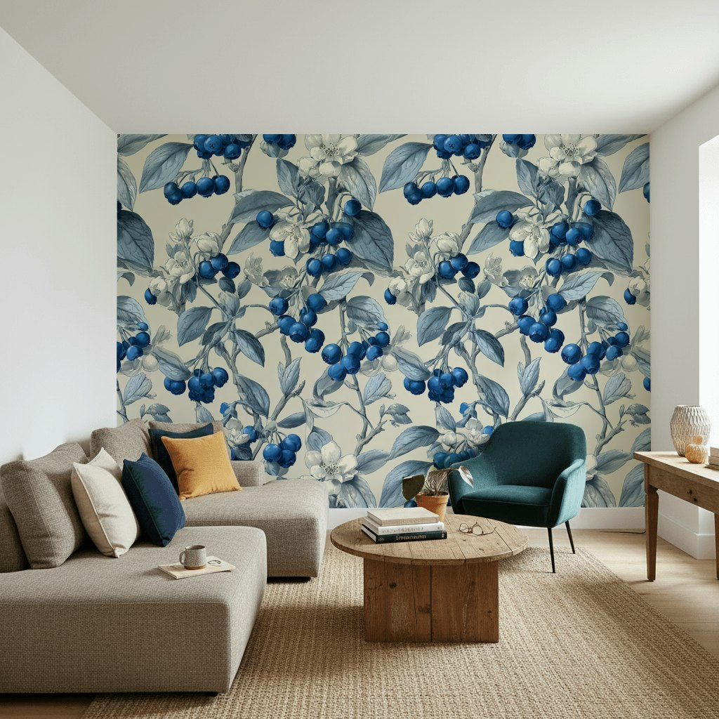 Blueberry Vine Cream Botanical Wallpaper