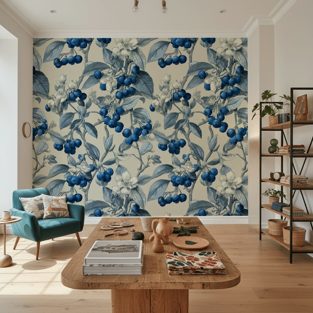 Blueberry Vine Cream Botanical Wallpaper