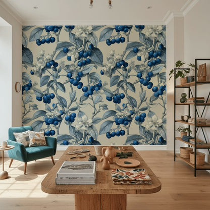 Blueberry Vine Cream Botanical Wallpaper