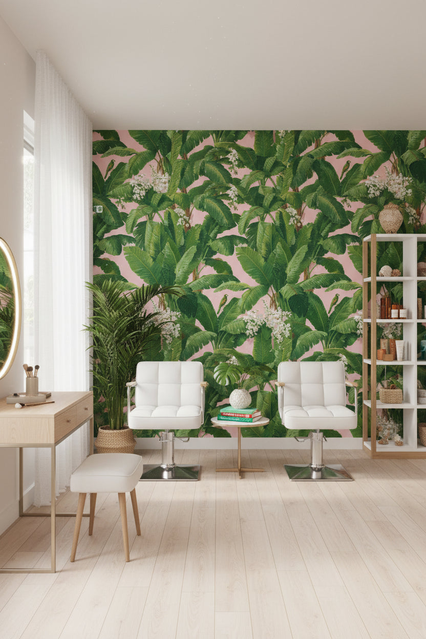 Tropical Wallpaper Banana Leaves Pink Background Removable Wall Decor