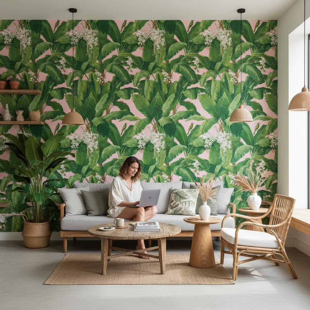 Tropical Wallpaper Banana Leaves Pink Background Removable Wall Decor