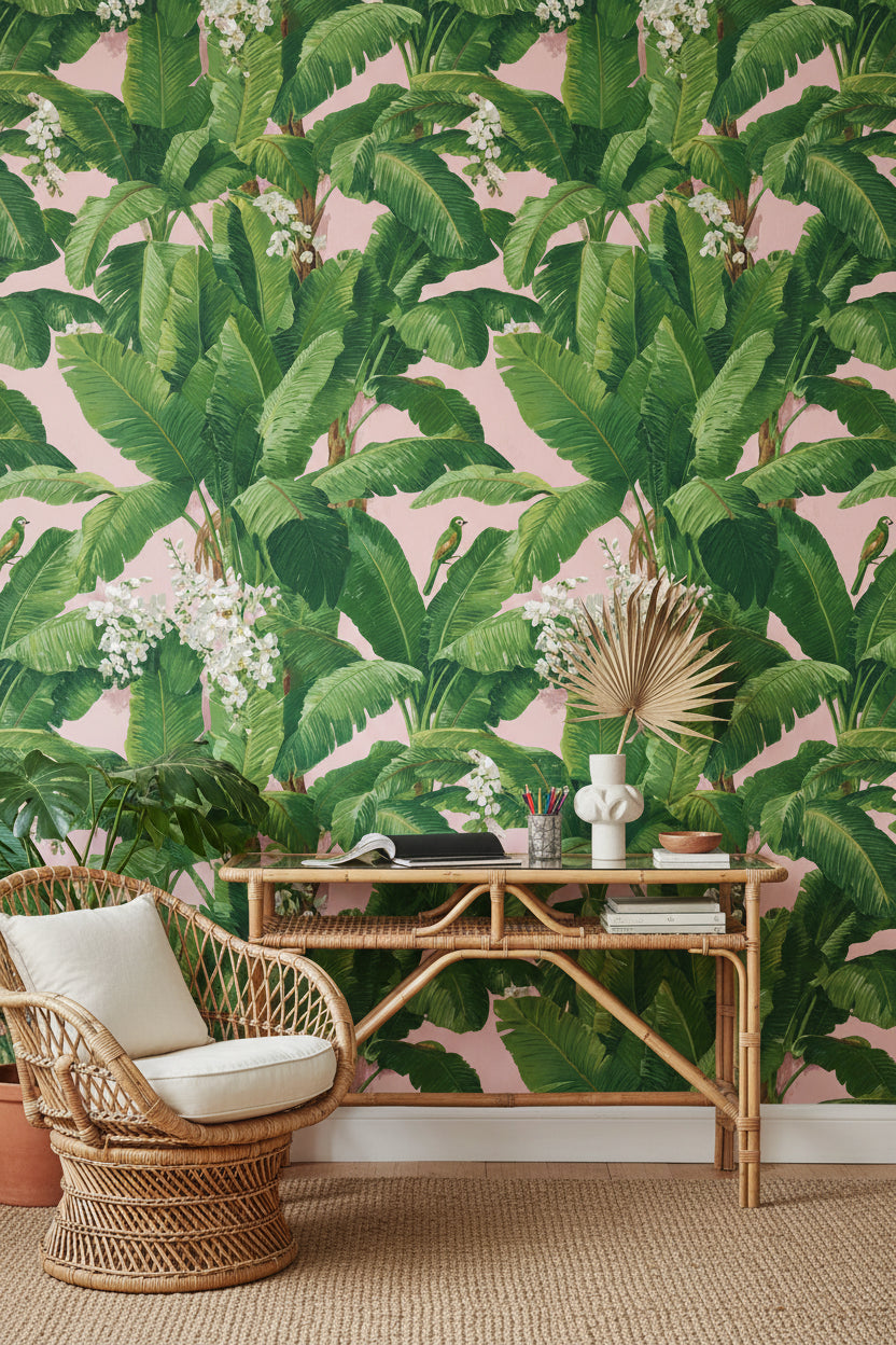 Tropical Wallpaper Banana Leaves Pink Background Removable Wall Decor