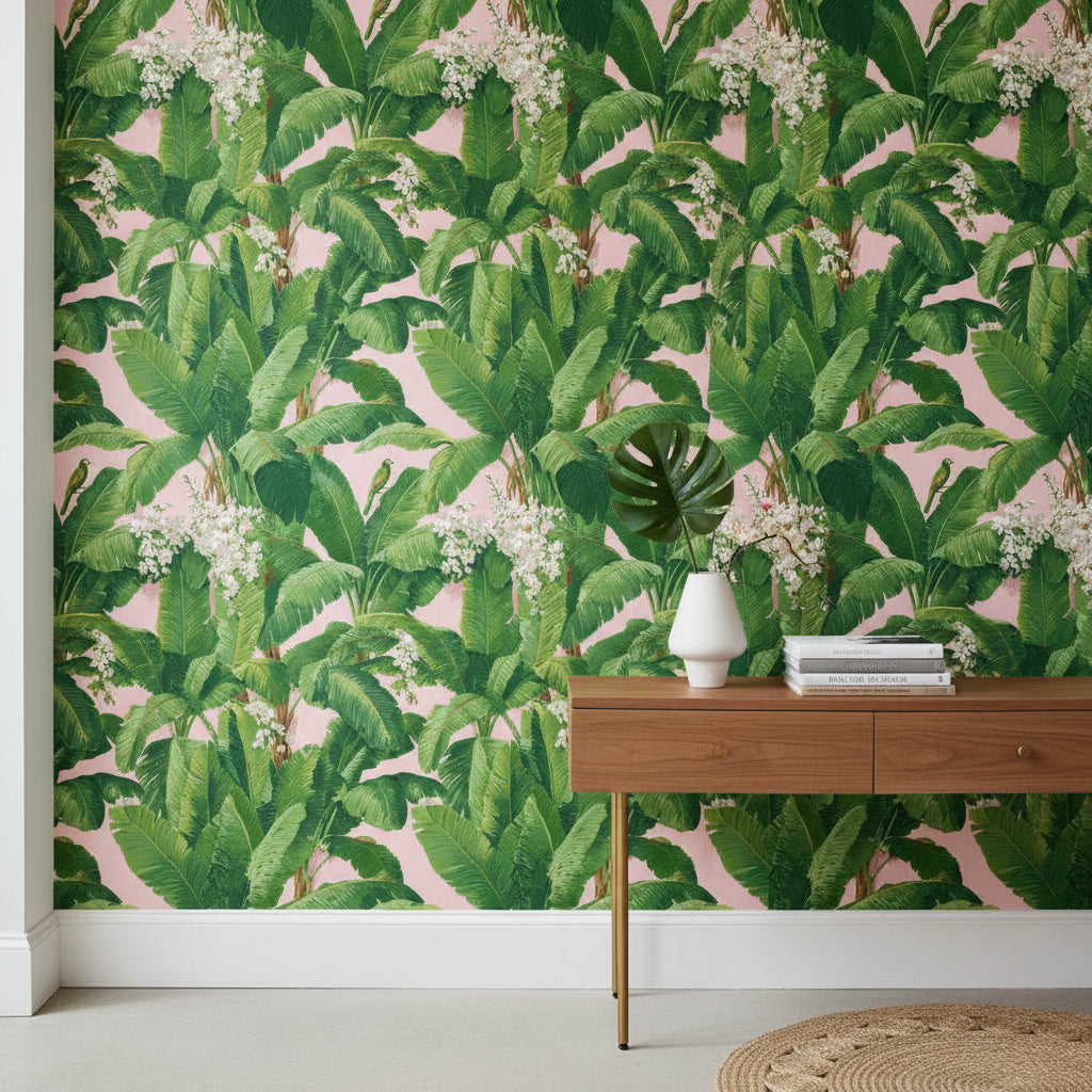 Tropical Wallpaper Banana Leaves Pink Background Removable Wall Decor