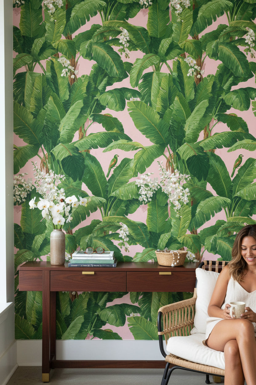 Tropical Wallpaper Banana Leaves Pink Background Removable Wall Decor