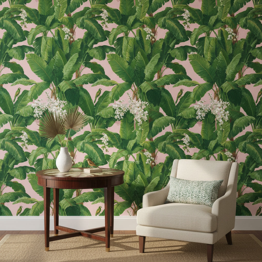 Tropical Wallpaper Banana Leaves Pink Background Removable Wall Decor