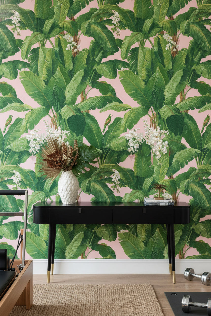 Tropical Wallpaper Banana Leaves Pink Background Removable Wall Decor