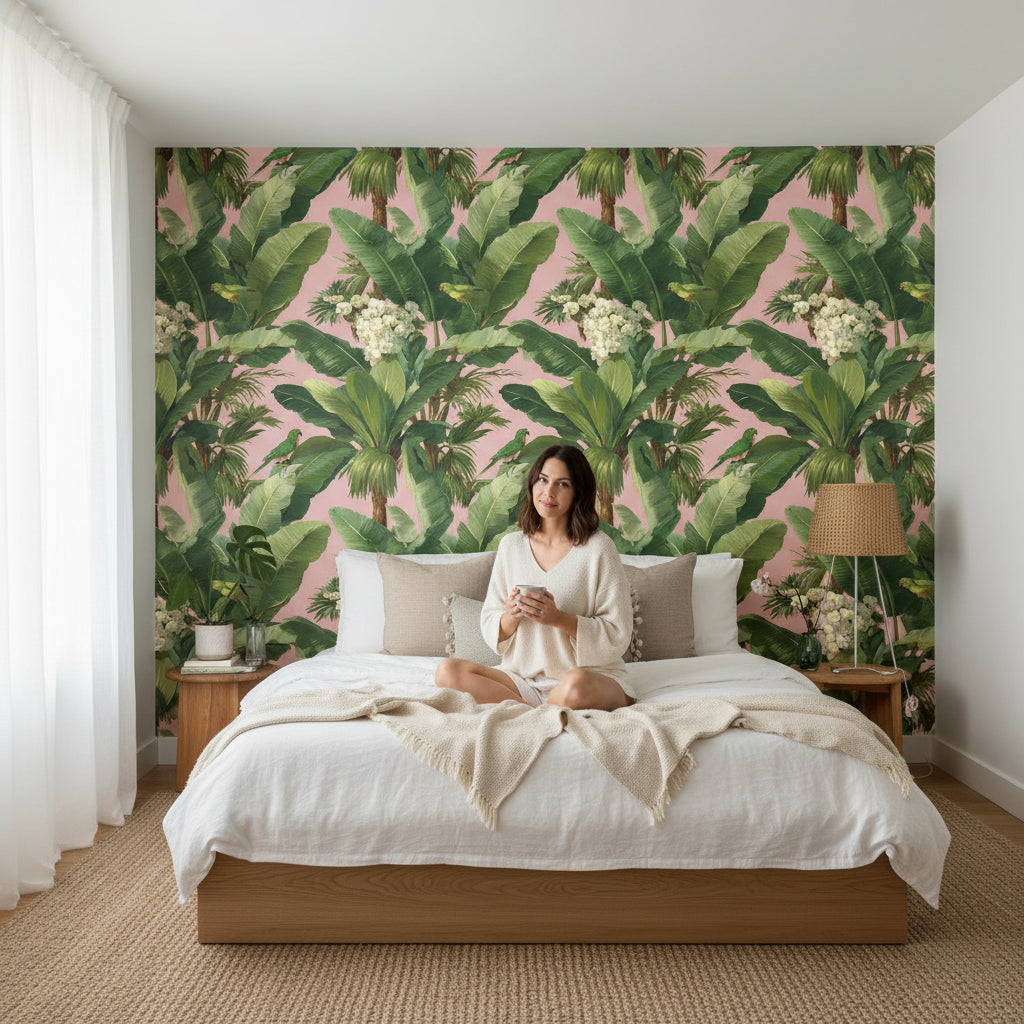 Tropical Parrots Wallpaper Banana Leaves Floral Wall Decor