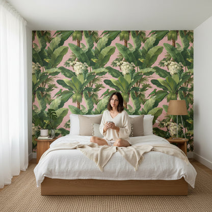 Warm Pink Tropical Palm and Parrot Wallpaper