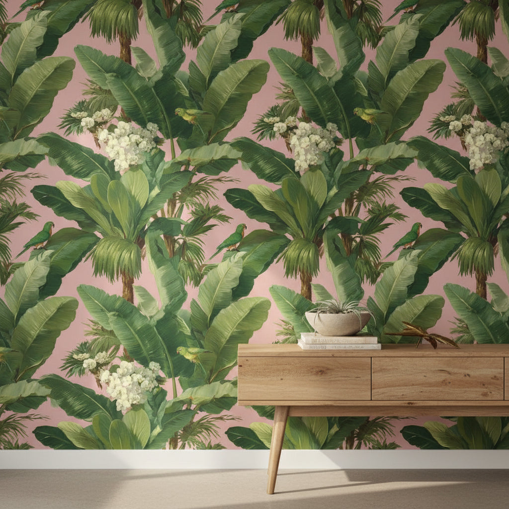 Warm Pink Tropical Palm and Parrot Wallpaper