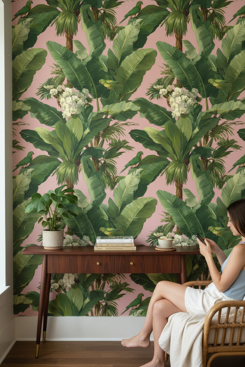 Warm Pink Tropical Palm and Parrot Wallpaper