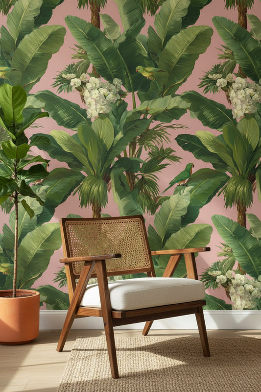 Tropical Parrots Wallpaper Banana Leaves Floral Wall Decor