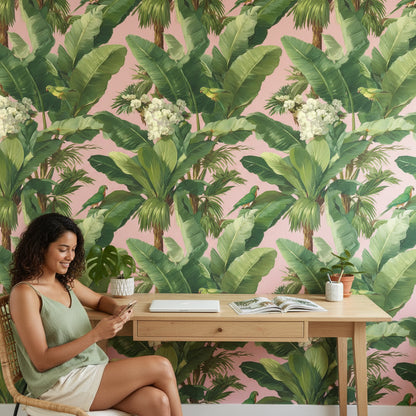 Warm Pink Tropical Palm and Parrot Wallpaper