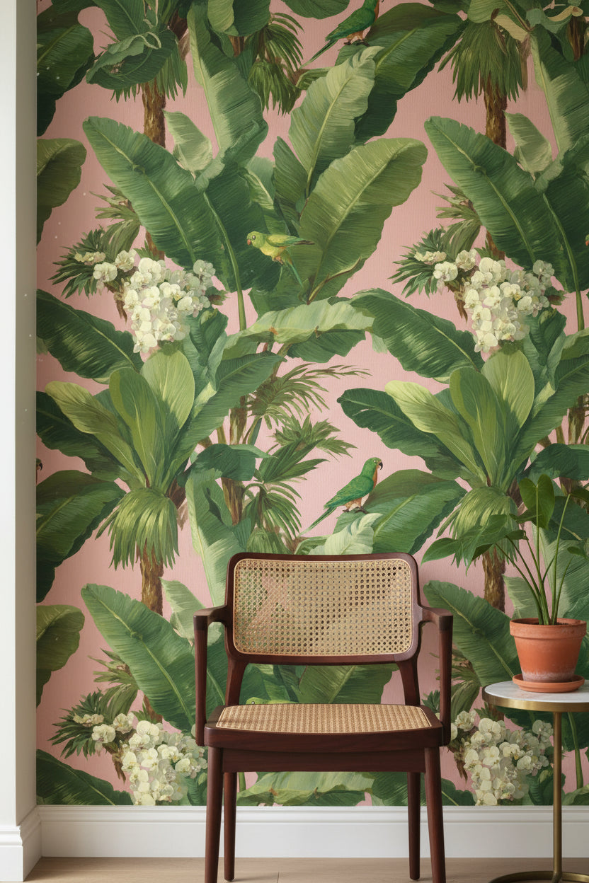 Tropical Parrots Wallpaper Banana Leaves Floral Wall Decor