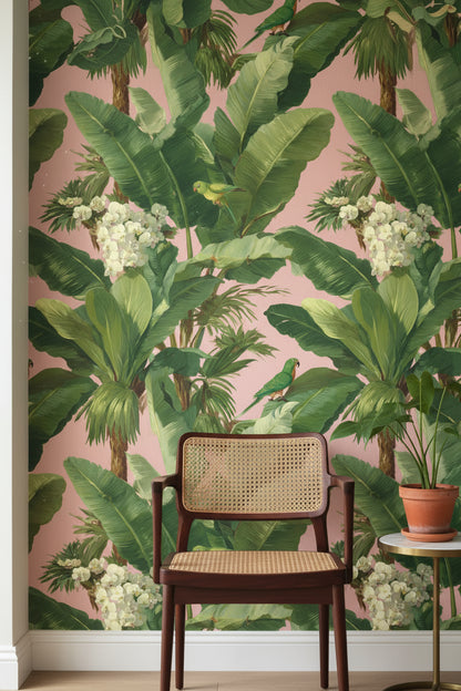 Warm Pink Tropical Palm and Parrot Wallpaper