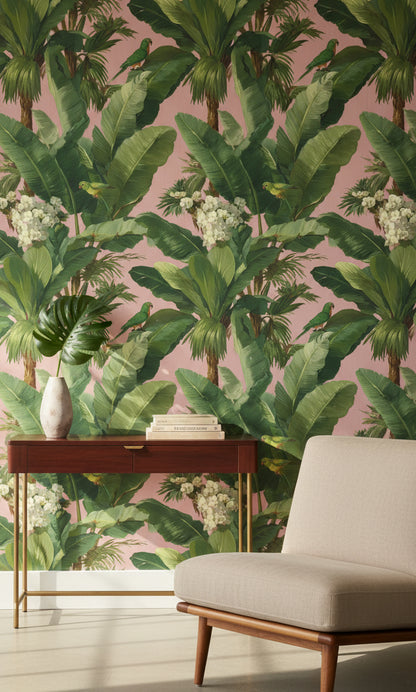 Warm Pink Tropical Palm and Parrot Wallpaper
