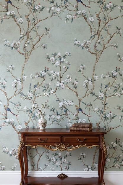 Muted Sage Green Floral Bird Wallpaper