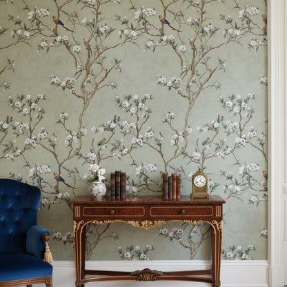 Muted Sage Green Floral Bird Wallpaper