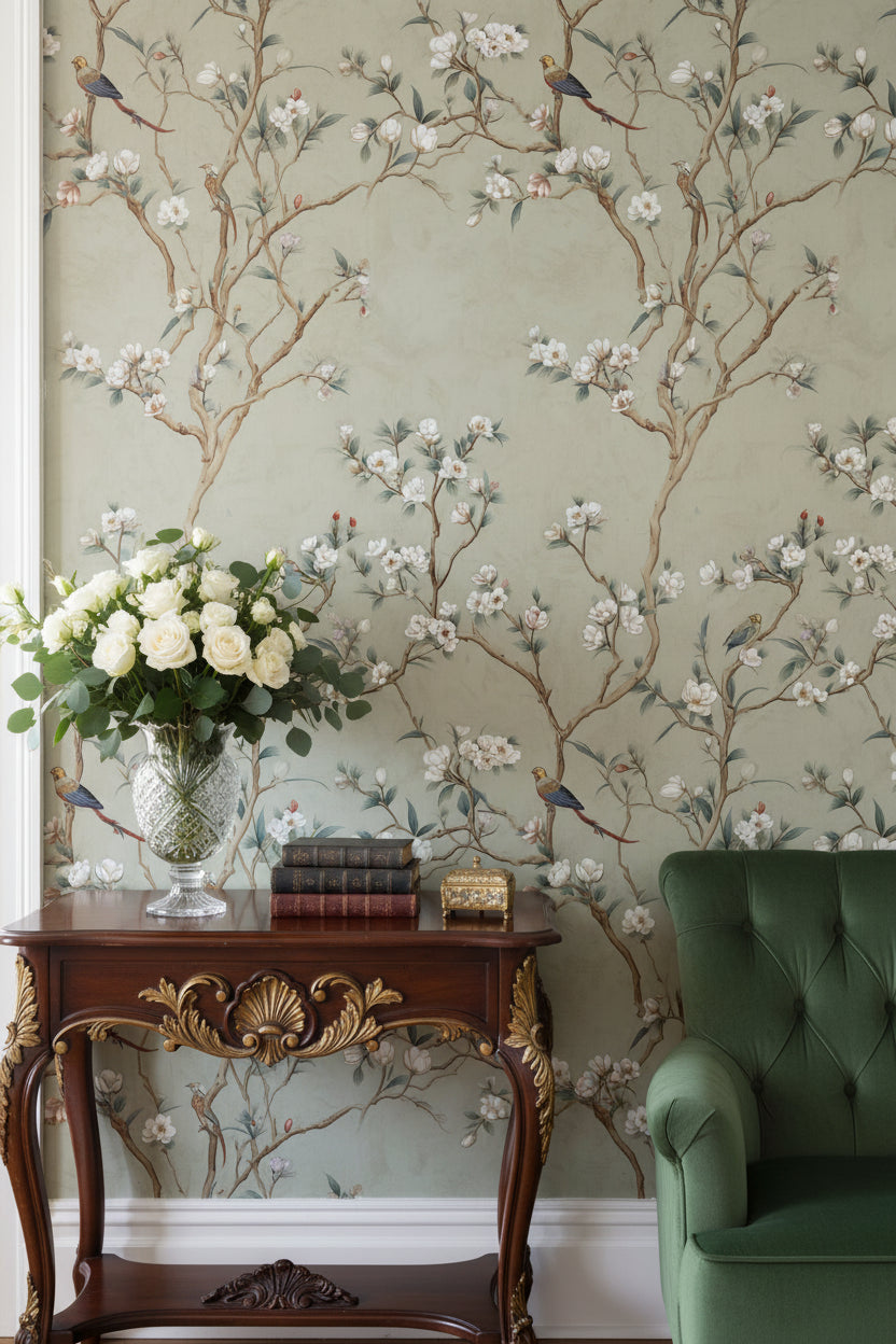Muted Sage Green Floral Bird Wallpaper