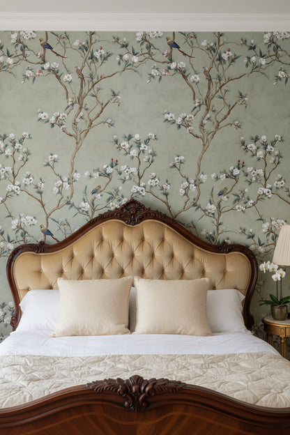 Muted Sage Green Floral Bird Wallpaper