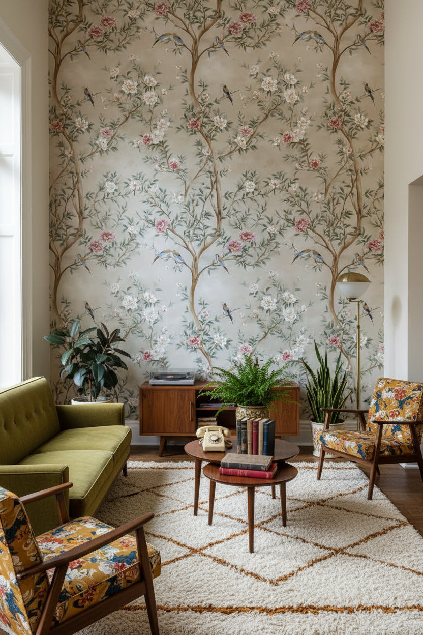 Cream Chinoiserie Bird and Floral Wallpaper