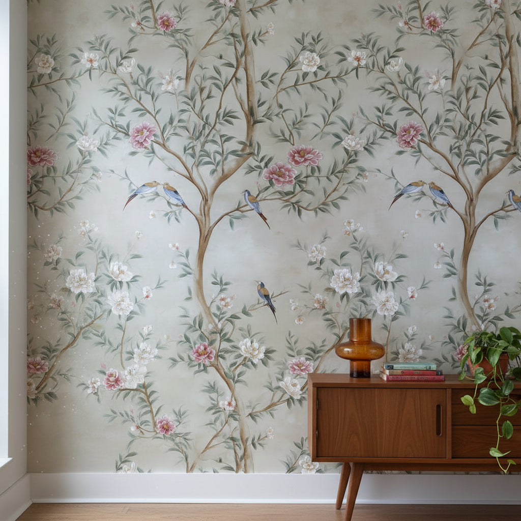 Cream Chinoiserie Bird and Floral Wallpaper