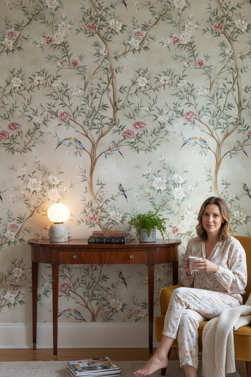 Cream Chinoiserie Bird and Floral Wallpaper