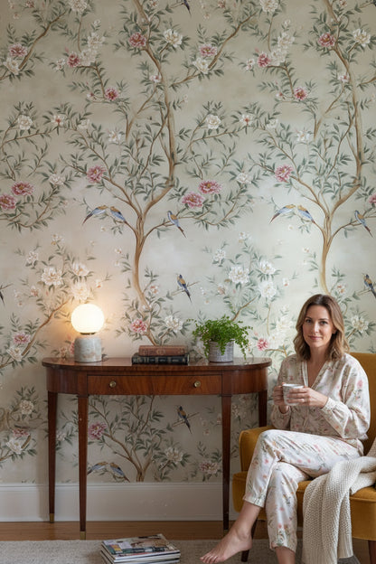 Cream Chinoiserie Bird and Floral Wallpaper