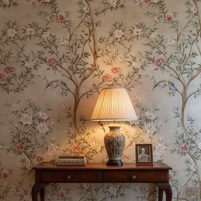 Cream Chinoiserie Bird and Floral Wallpaper